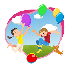 Children playing in the park with balloons.