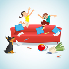 Kids jumping on the couch playing with a ball
