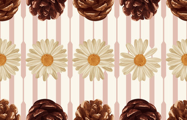 Printable seamless vintage autumn repeat pattern background with daisies, and pine cones. Botanical wallpaper, raster illustration in super High resolution.