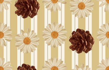 Printable seamless vintage autumn repeat pattern background with daisies, and pine cones. Botanical wallpaper, raster illustration in super High resolution.