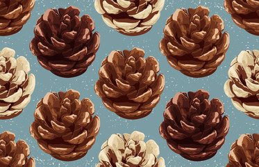 Printable seamless vintage autumn repeat pattern background with pine cone. Botanical wallpaper, raster illustration in super High resolution.