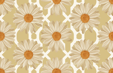 Printable seamless vintage repeat pattern background with white daisies. Botanical wallpaper, raster illustration in super High resolution.