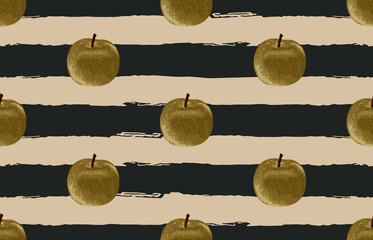 Printable seamless vintage autumn repeat pattern background with green apple. Botanical wallpaper, raster illustration in super High resolution.