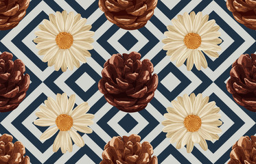 Printable seamless vintage autumn repeat pattern background with daisies, and pine cones. Botanical wallpaper, raster illustration in super High resolution.