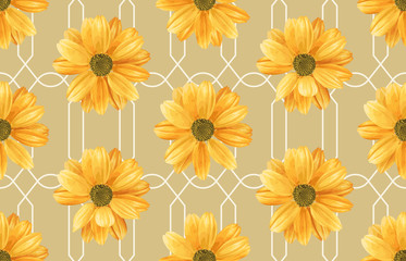 Printable seamless vintage repeat pattern background with yellow chrysanthemum flowers. Botanical wallpaper, raster illustration in super High resolution.