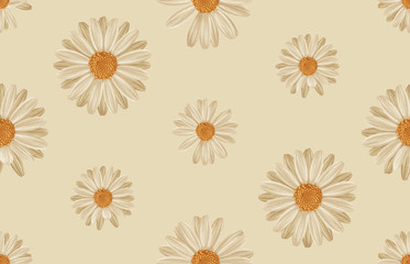 Printable seamless vintage repeat pattern background with white daisies. Botanical wallpaper, raster illustration in super High resolution.
