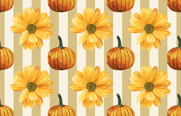 Printable seamless vintage repeat pattern background with yellow chrysanthemum flowers and pumpkins. Botanical wallpaper, raster illustration in super High resolution.