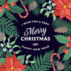 Vintage Christmas card with traditional decorations.