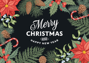 Engraving Christmas card with traditional decorations.