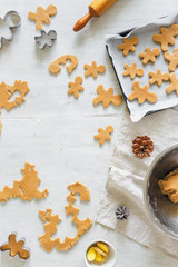 Christmas food Raw dough cooking gingerbread man cookies top view Xmas dessert flat lay