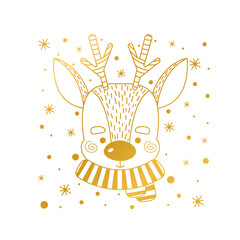 Golden Deer. Christmas illustration with cute cartoon deer in doodle style. Vector image.
