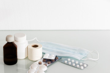 empty medicine blister and bottles, pills. Health care