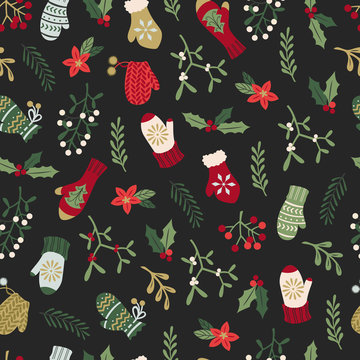 Hand Drawn Christmas Pattern with Mittens and Mistletoe in Doodle Style.