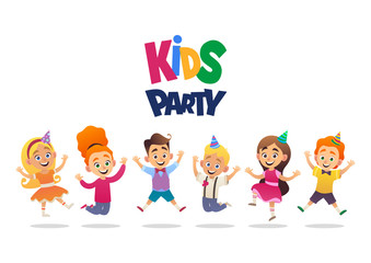 Boys and girls with birthday hats happily jumping with their hands up kids party
