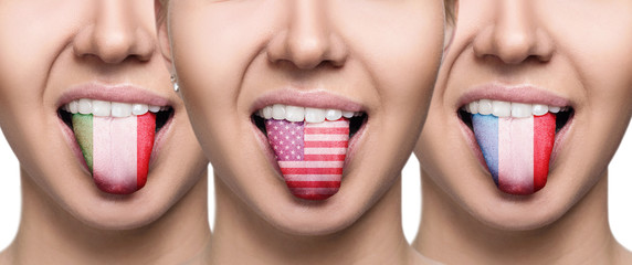 Collage of young woman shows painted tongue with different flags.