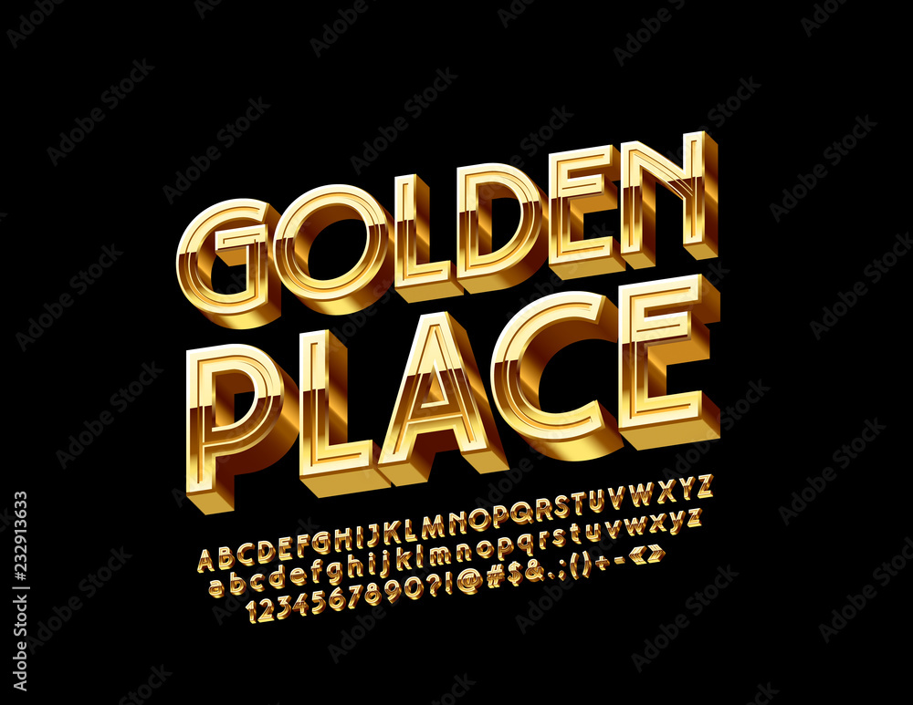 Fototapete vector 3d font with text golden place. luxury elegant alphabet letters, numbers and symbols.