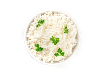 A photo of a bowl of cooked white long rice, shot from the top on a white background with a place for text