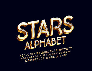 Fototapeta premium Vector Gold and White Chic Font with Stars. Luxury 3D Alphabet Letters, Numbers and Symbols.