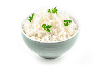 A photo of a bowl of cooked white long rice on a white background with copy space