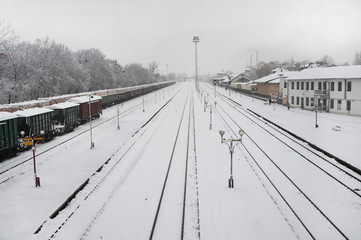 Railway track during heavy snowfall.