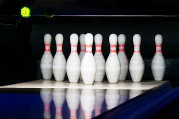 Ten pin bowling alley background,  night light