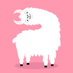 Llama alpaca turning head face, tongue. Cute cartoon funny kawaii character. Fluffy hair fur. Childish baby collection. T-shirt, greeting card, poster template print. Flat design. Pink background. © worldofvector