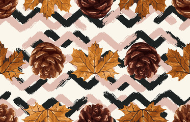 Printable seamless vintage autumn repeat pattern background with maple leaves and pine cones. Botanical wallpaper, raster illustration in super High resolution.