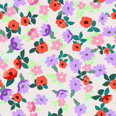 Fototapeta premium Small naive flowers seamless pattern. Chaotic order. Summer trendy floral background in liberty style. For textile, wallpaper, surface, print, gift wrap, scrapbooking, decoupage
