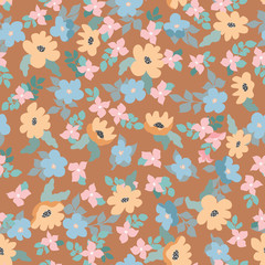 Small naive flowers seamless pattern. Chaotic order. Summer trendy floral background in liberty style. For textile, wallpaper, surface, print, gift wrap, scrapbooking, decoupage