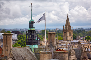 The towers of the Oxford Town Hall and the Christ Church Cathedral.  Oxford University. England