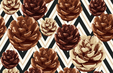 Printable seamless vintage autumn repeat pattern background with pine cone. Botanical wallpaper, raster illustration in super High resolution.