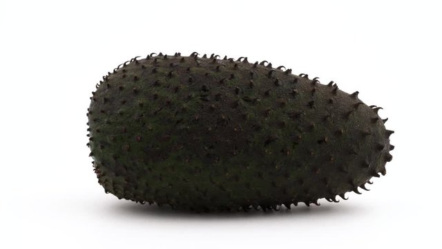 One whole guanabana fruit with water drops. Rotating on the turntable. Isolated on the white background. Close-up. Macro.