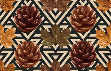 Printable seamless vintage autumn repeat pattern background with maple leaves and pine cones. Botanical wallpaper, raster illustration in super High resolution.