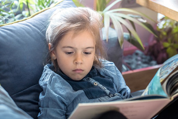 Little girl is reading a book in the living room on the couch