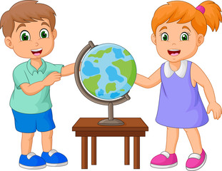 Fototapeta premium Cartoon children looking at globe on the table 