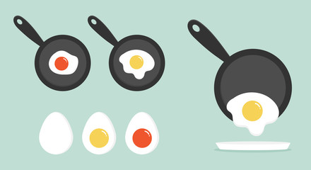Set, collection of egg dishes. Vector cartoon breakfast set with boiled and fried eggs in pan.
