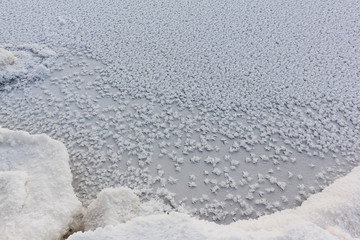 Snow frost on the ice on the river, natural background