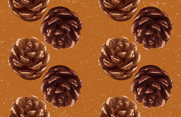 Printable seamless vintage autumn repeat pattern background with pine cone. Botanical wallpaper, raster illustration in super High resolution.
