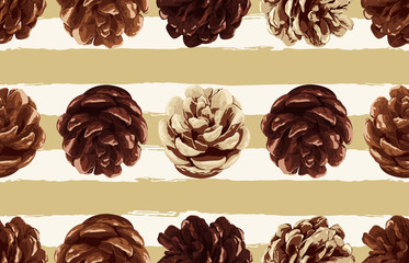 Printable seamless vintage autumn repeat pattern background with pine cone. Botanical wallpaper, raster illustration in super High resolution.