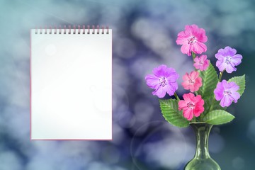 Beautiful live petunia bouquet bouquet in ceramic vase with notebook with blank place for your content on left on park trees and sky blurred background.