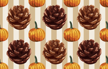 Printable seamless vintage autumn repeat pattern background with pine cones and pumpkins. Botanical wallpaper, raster illustration in super High resolution.