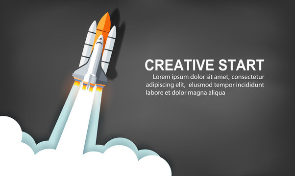 space shuttle launch to the sky on background blackboard. start up business concept ,financial idea are competing for success and corporate goal. creative. vector illustration paper art
