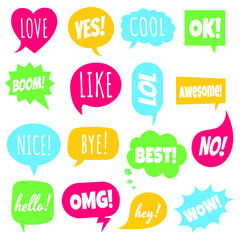16 Speech bubbles flat style design set another shapes with text; love, yes, like, lol, cool, wow, boom, yes, omg... hand drawn comic cartoon style set vector illustration isolated on white background