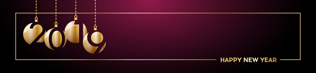 Fototapeta premium 2019 Happy New Year header background. Golden text with frame, banner