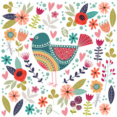 Panele Szklane Podświetlane  Kolorowa ilustracja wektorowa sztuki z pięknym abstrakcyjnym ptakiem ludowym i kwiatami.