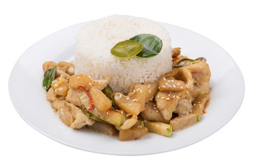 boiled rice with baked vegetables on a plate, dietary meal, on a white background, isolate