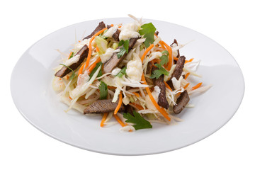 cabbage salad with young veal on a plate, healthy food, on a white background, isolate
