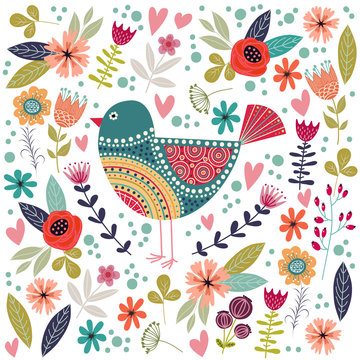 Art vector colorful illustration with beautiful abstract folk bird and flowers.