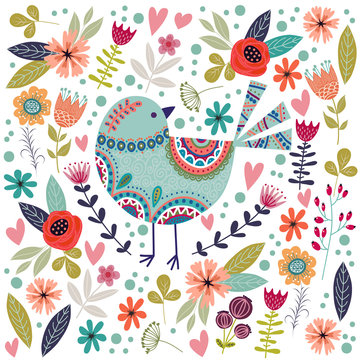 Art vector colorful illustration with beautiful abstract folk bird and flower