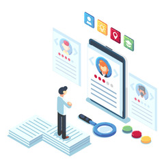 Fototapeta premium Social presentation for employment. Infographic for recruiting. Web recruit resources, choice, research or fill form for selection. Application for employee hiring. flat isometric vector illustration.